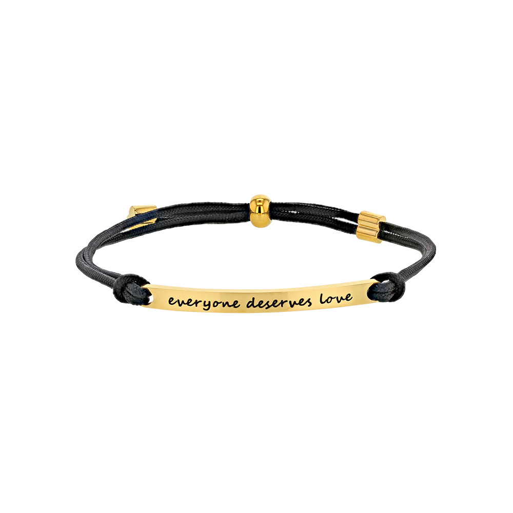 Bracelet 'everyone deserves love' en acier doré et cordon synthétique ciré noir (318012ND)