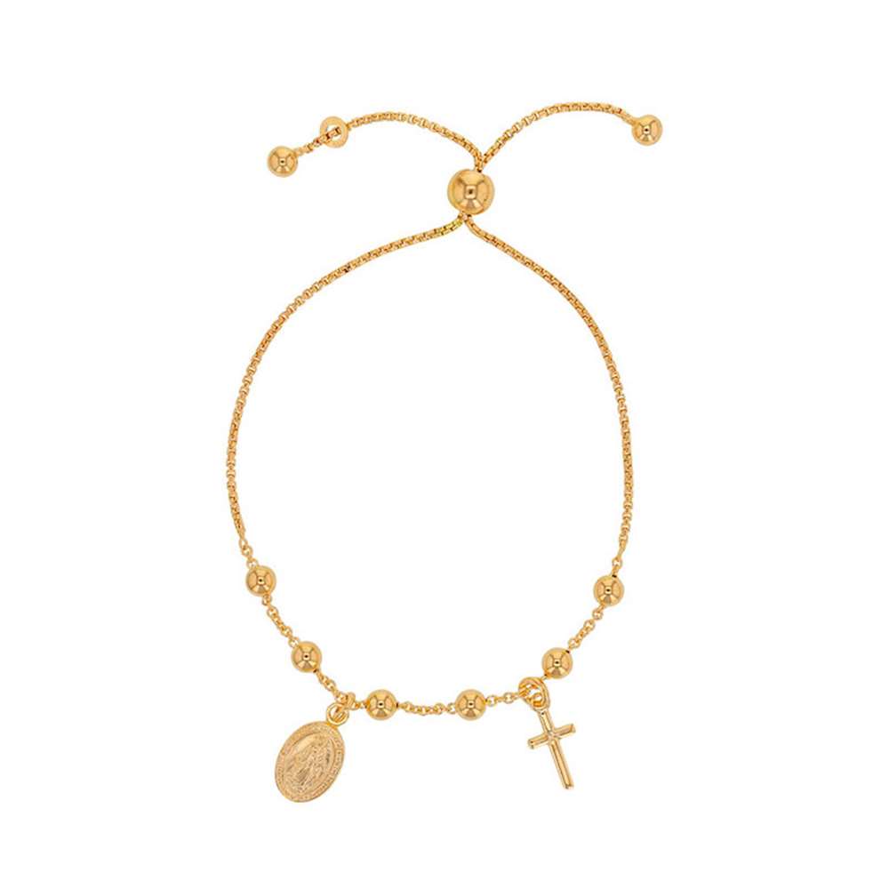 Bracelet réglable GYPSY MARIA avec boules, pampilles Madone et croix en argent 925/1000 doré (318435)