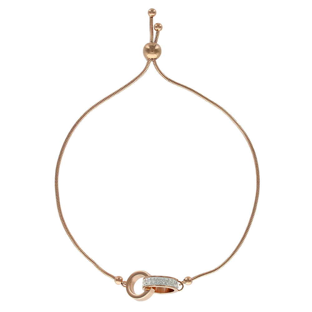 Bracelet réglable en acier doré rose avec 2 cercles entrelacés dont 1 avec des cristaux (318367R)