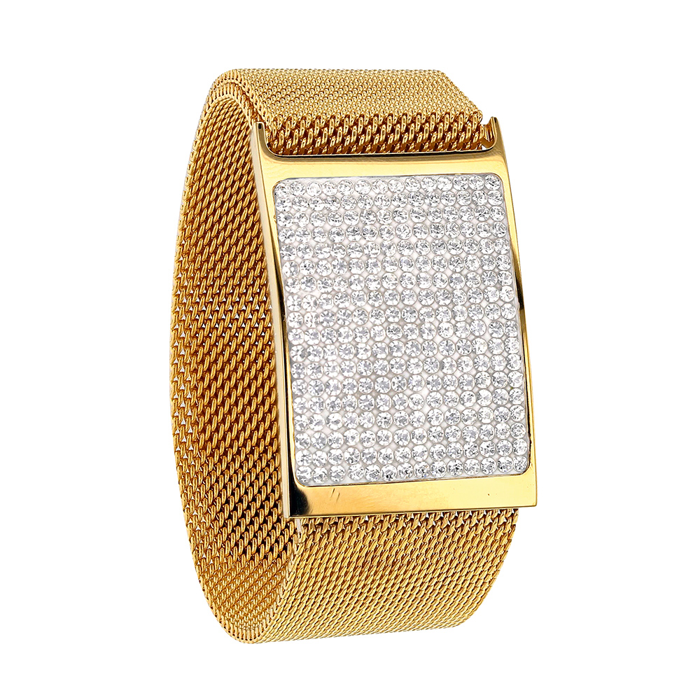 Bracelet acier milanais doré avec plaque de cristaux, fermoir aimanté (318324D)