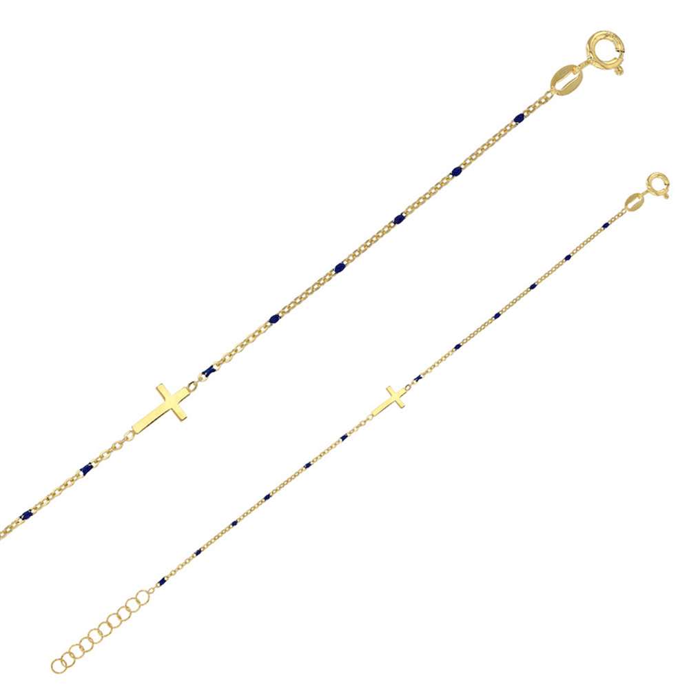 Bracelet GYPSY MARIA croix et perles émaillées bleu nuit, argent 925/1000 doré (31812846DBF)