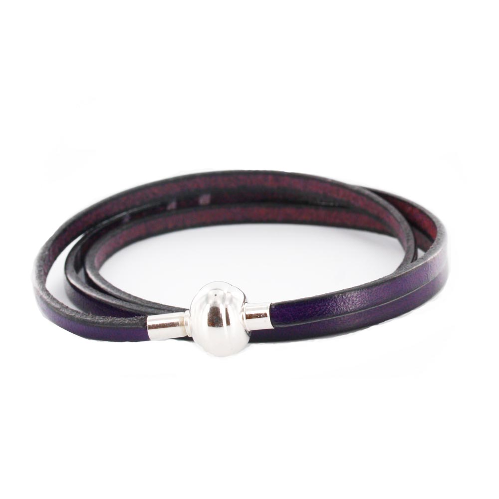 Bracelet triple tours (54 cm) - Cuir de veau violet - Fermoir à vis aimanté Acier 