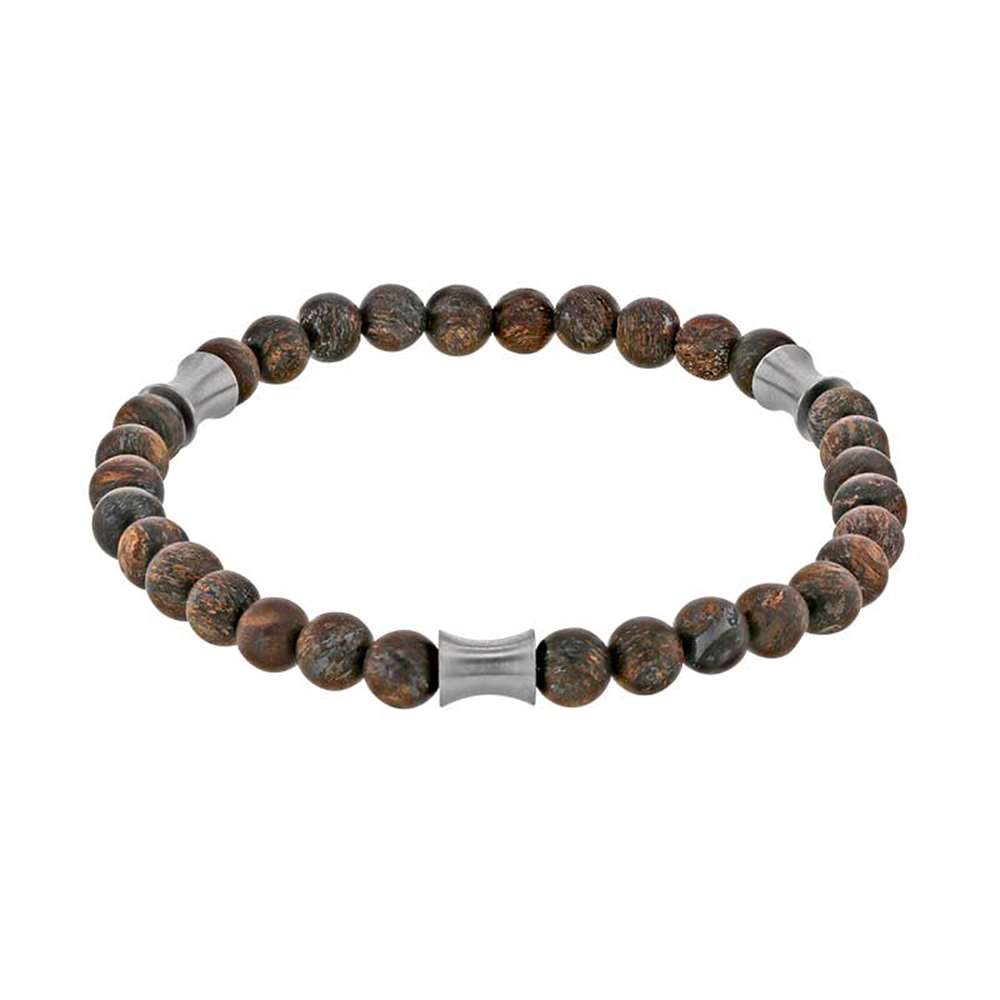 Bracelet élastique - Boules en Bronzite et 3 éléments en Acier (3180169B)