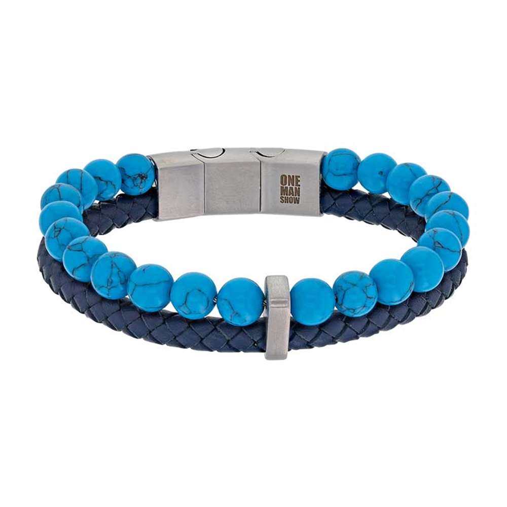 Bracelet 2 rangs, cuir de bovin bleu et pierres synthétiques turquoises (3180158T) - Homme