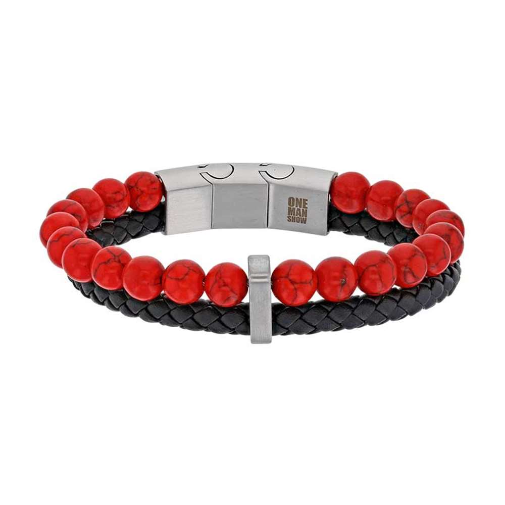 Bracelet 2 rangs, cuir de bovin noir et pierres synthétique rouges (3180158R) - Homme