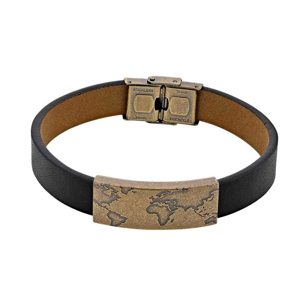 Bracelet acier aspect bronze et cuir de bovin noir (318478) - Homme
