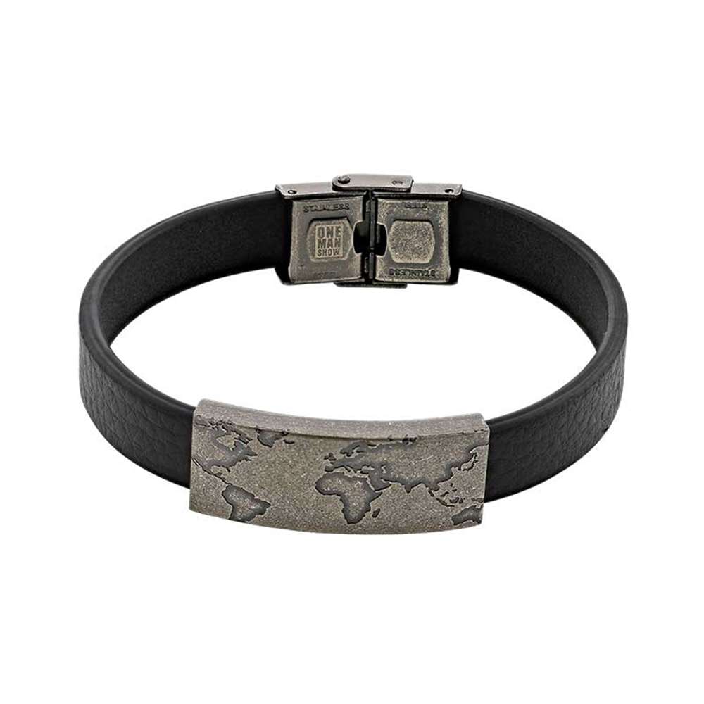 Bracelet Acier et cuir de bovin noir - aspect patiné (318456) - Homme