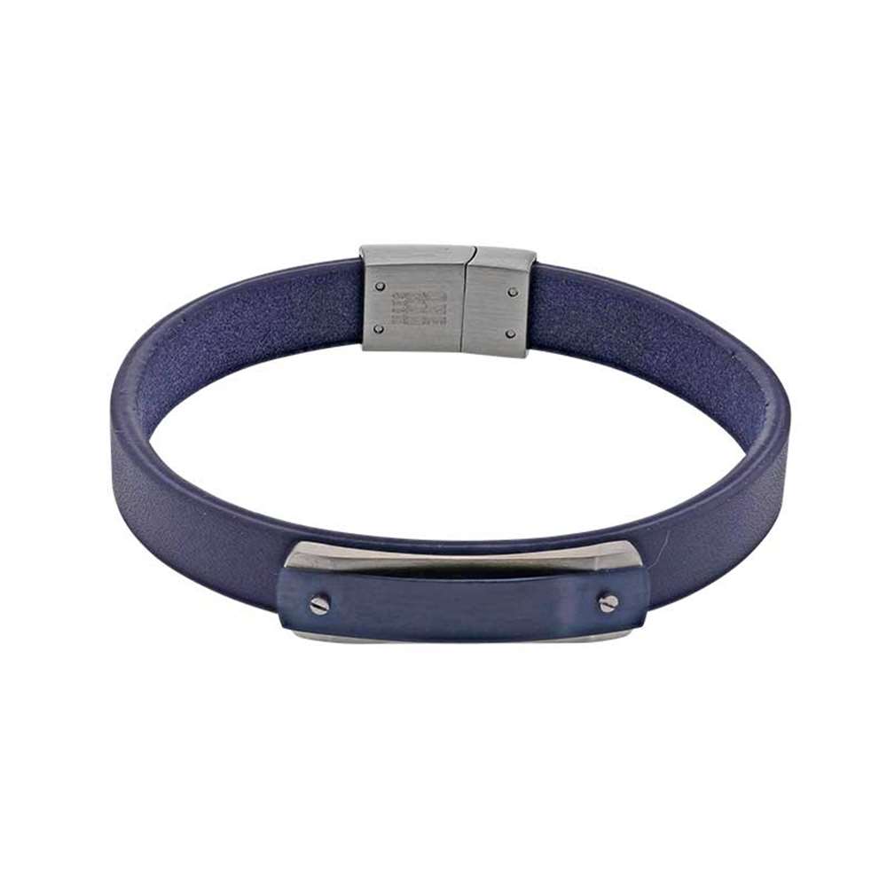 Bracelet Acier gris foncé et cuir de bovin bleu (318459B) - Homme