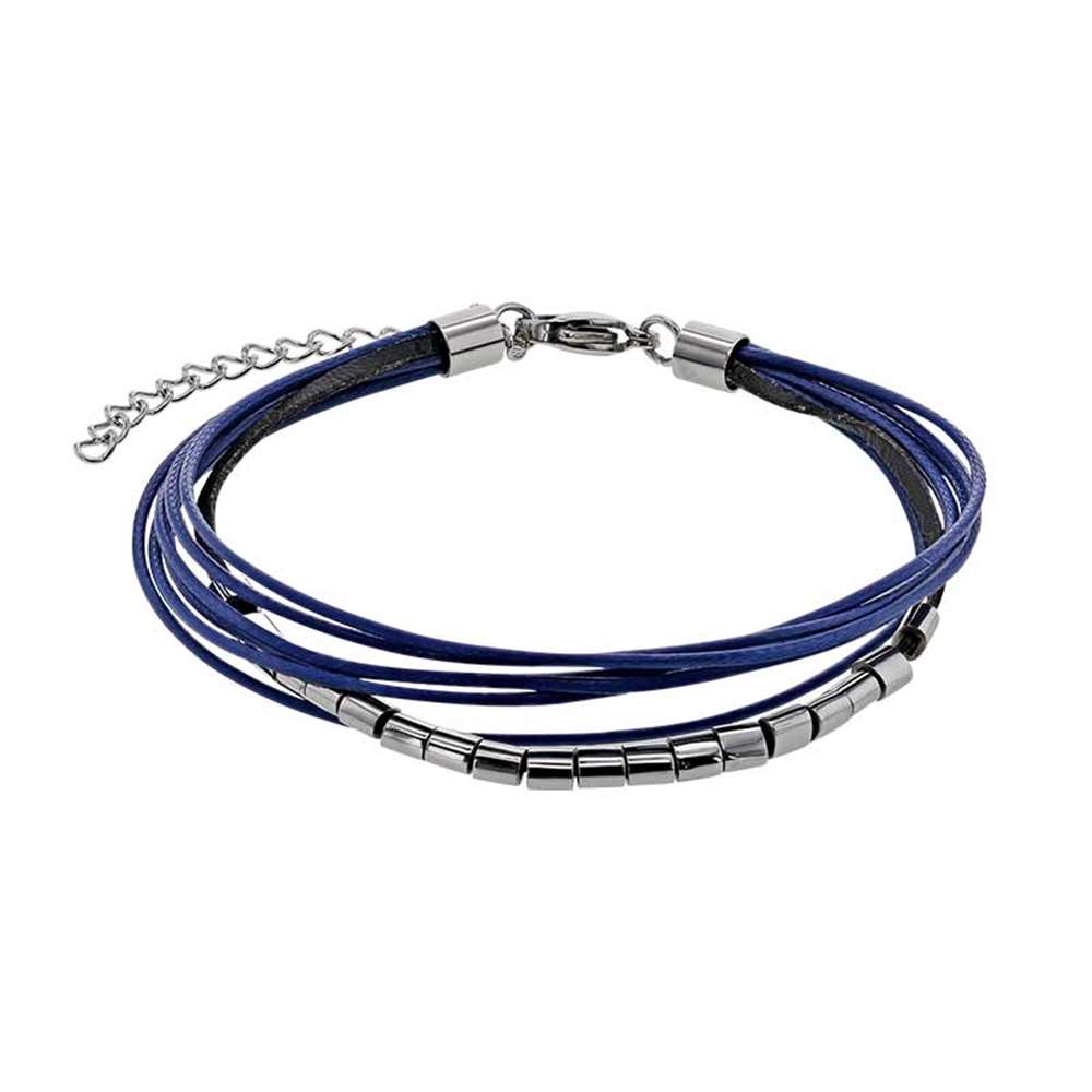 Bracelet Acier cuir de bovin noir et cordon synthétique ciré bleu (318451N) - Homme