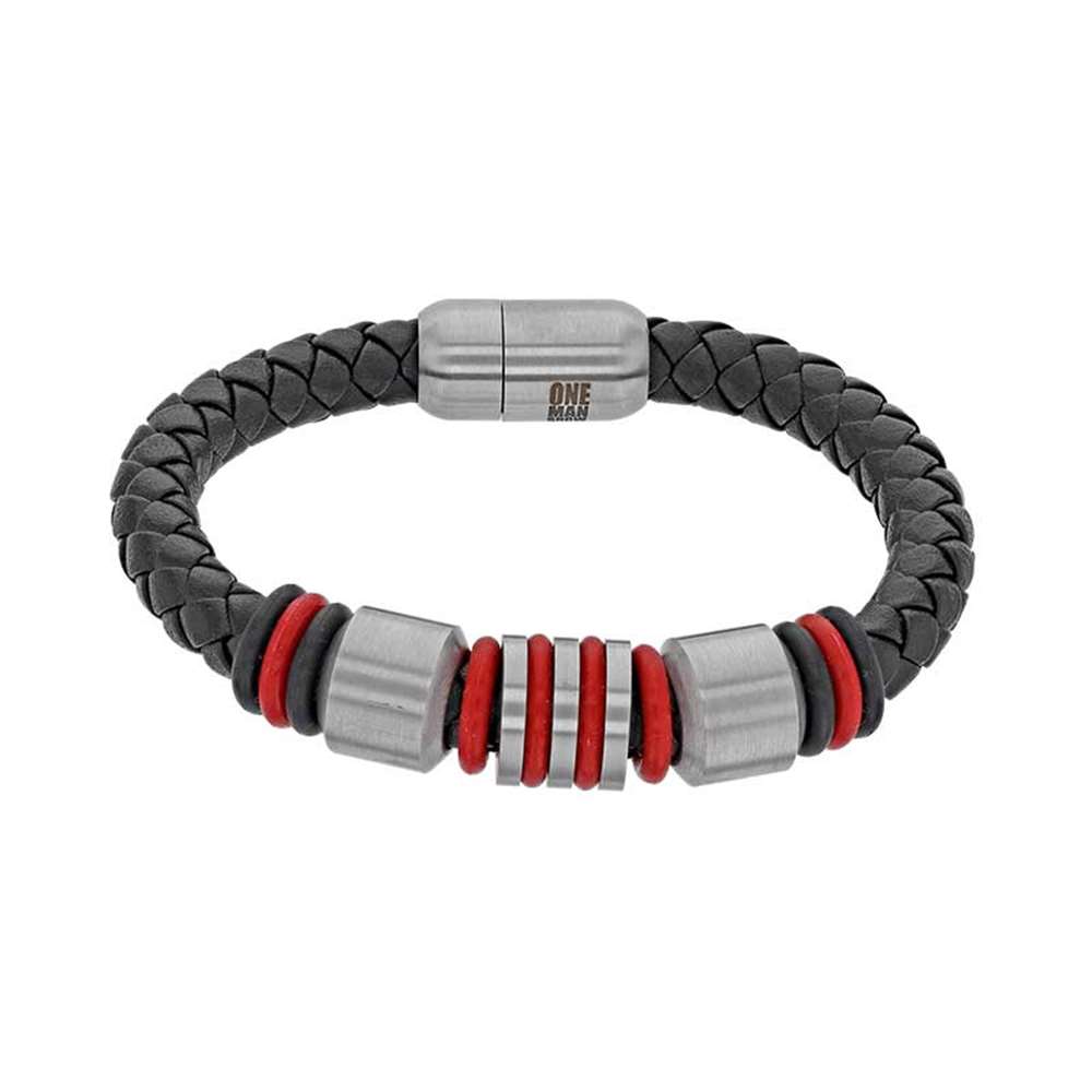 Bracelet Cuir de bovin tressé finition nubuck noir fermoir Acier anneaux Caoutchouc rouge et noir (3180151) - Homme