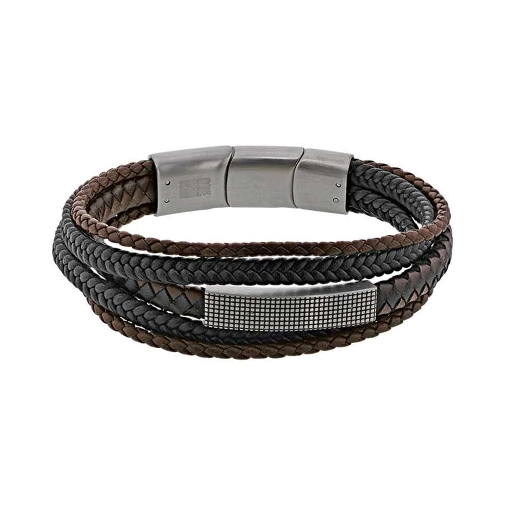 Bracelet Acier cuir de bovin tressé et microfibre marron et noir (318454) - Homme