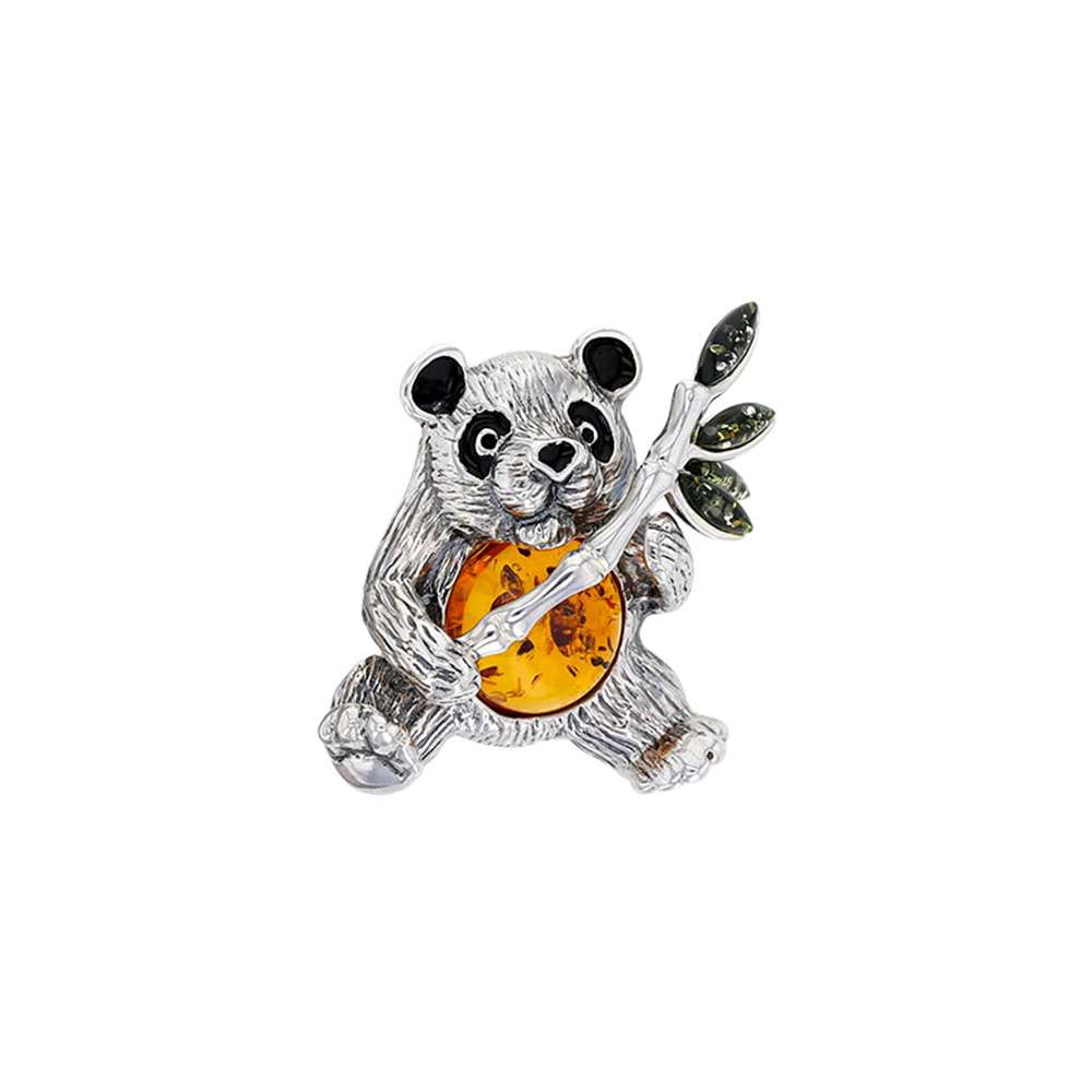 Broche panda argent 925/1000 rhodié, ambre cognac et vert, émail noir (312011)