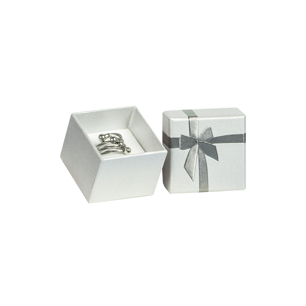 Ecrin bague carton gris clair irisé noeud argenté (4,5 x 4,5 x 3,8 cm)