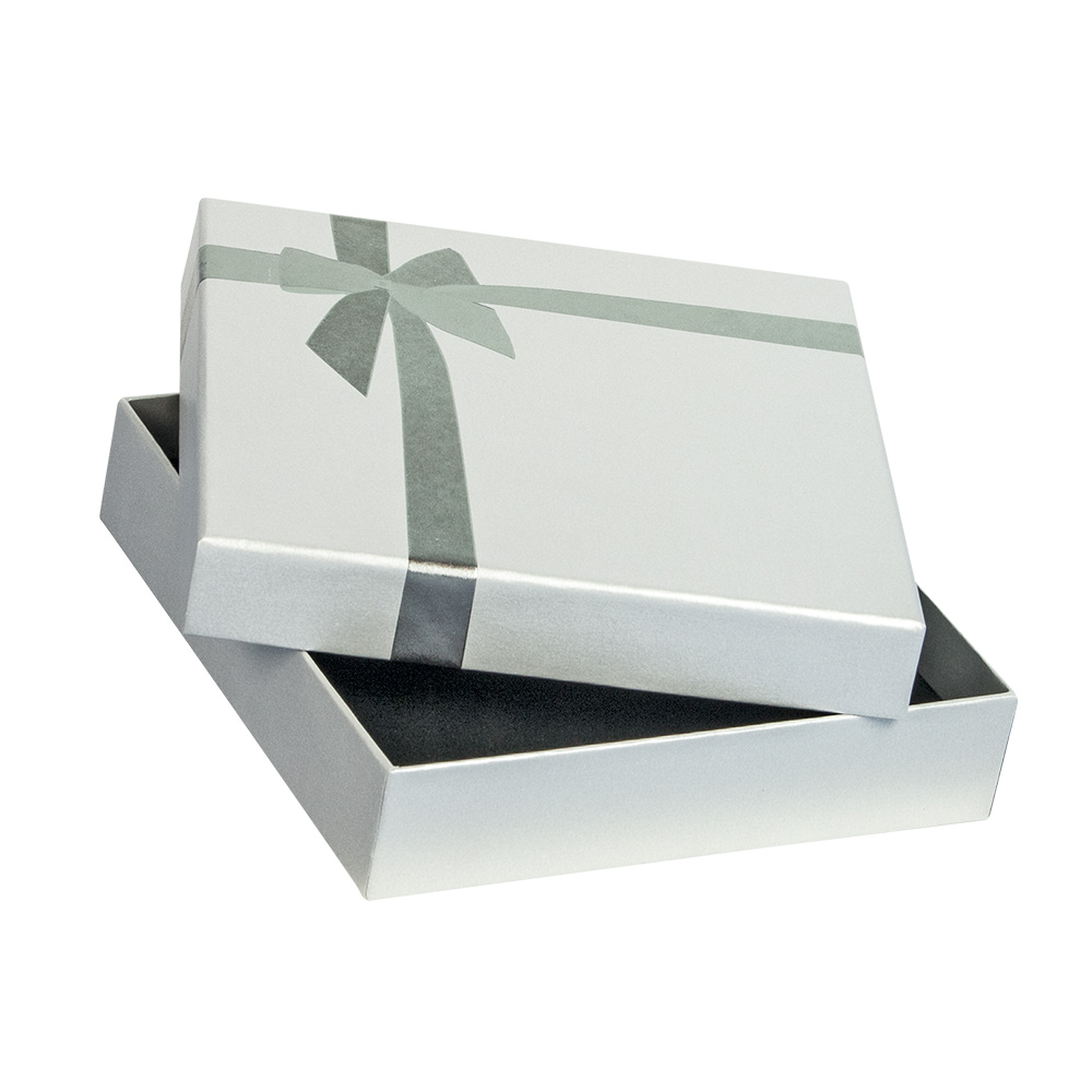 Ecrin collier carton gris clair irisé noeud argenté (16 x 16 x 3,7 cm)