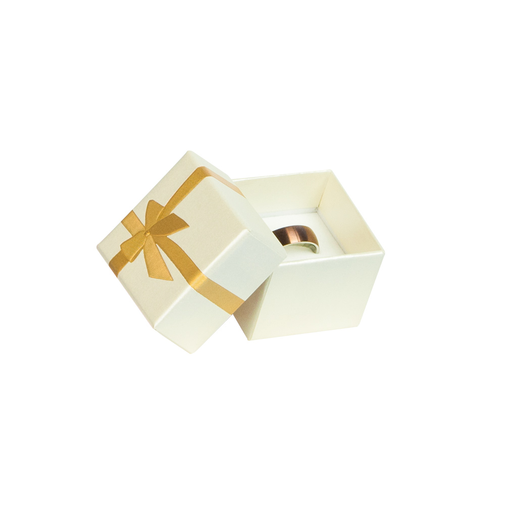 Ecrin bague carton ivoire irisé noeud doré (4,5 x 4,5 x 3,8 cm)