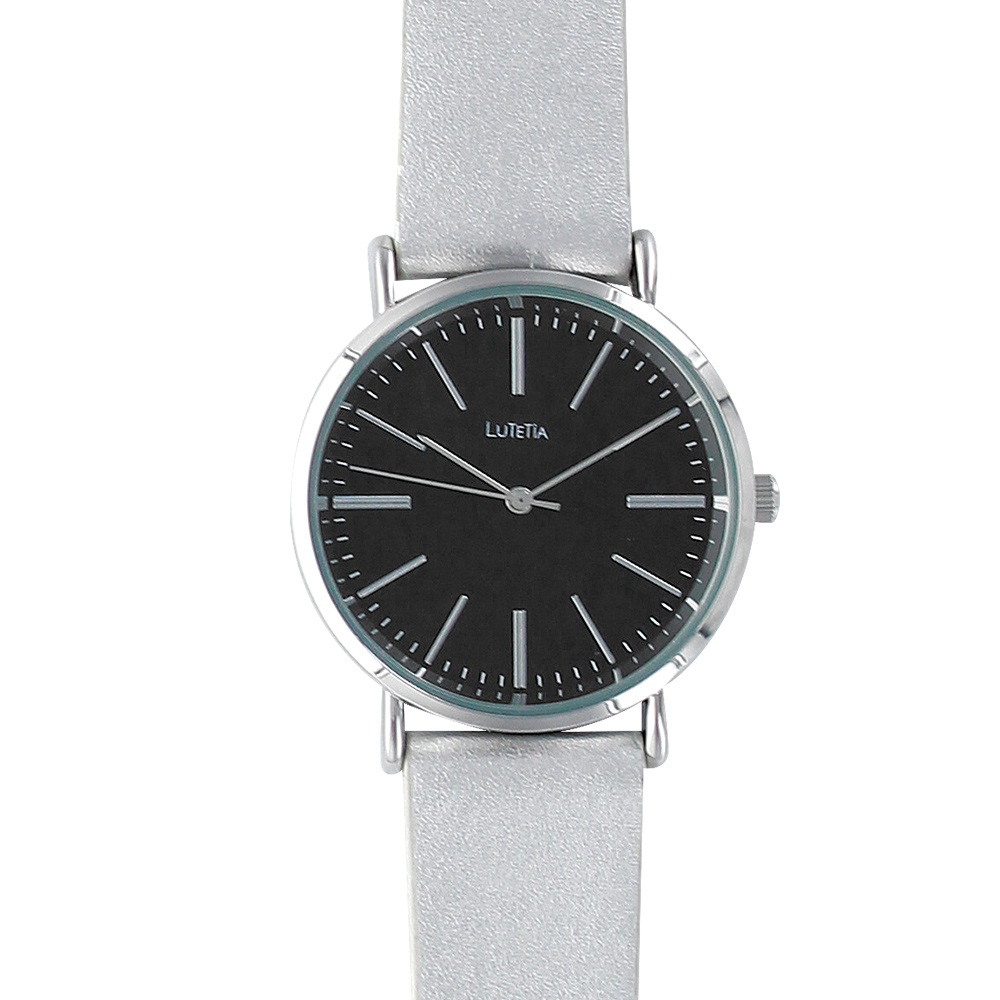 Montre Lutetia boîtier métal cadran noir et bracelet cuir de veau couleur argent (750122AN)