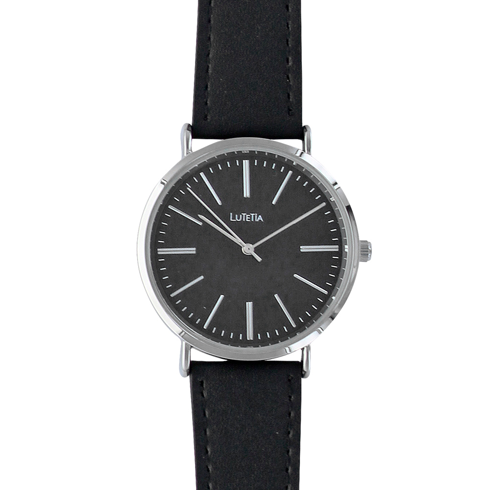 Montre homme Lutetia boîtier métal, cadran et bracelet cuir de veau noir (750127N)