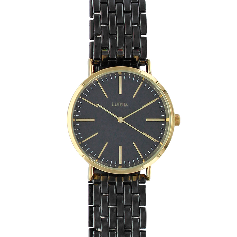 Montre homme Lutetia boîtier métal doré et bracelet métal noir, cadran noir (750125DN)