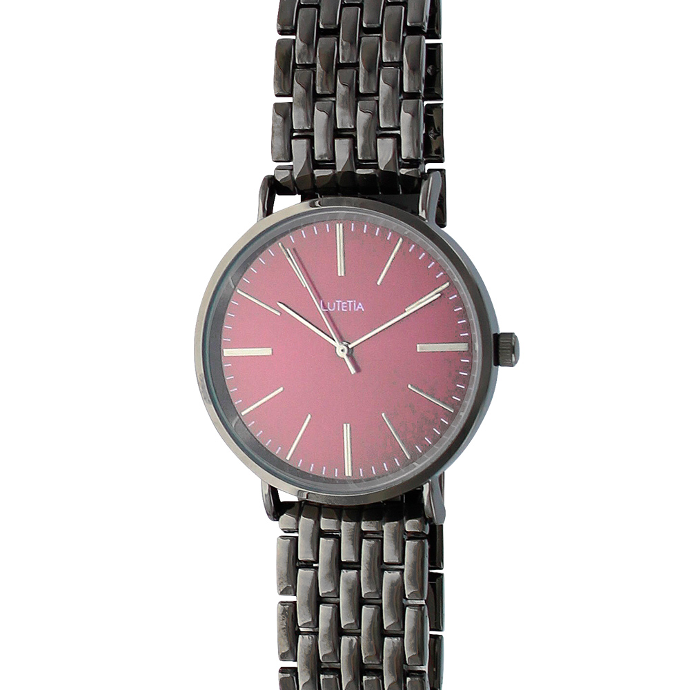 Montre homme Lutetia boîtier et bracelet métal gris anthracite, cadran bordeaux (750125BO)