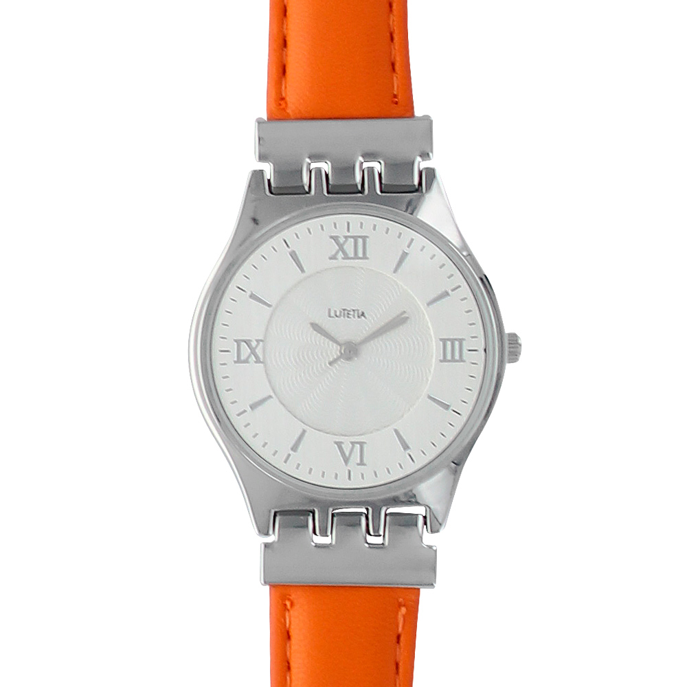 Montre Lutetia boîtier métal, cadran index et chiffres romains et bracelet cuir de veau orange (750123O)