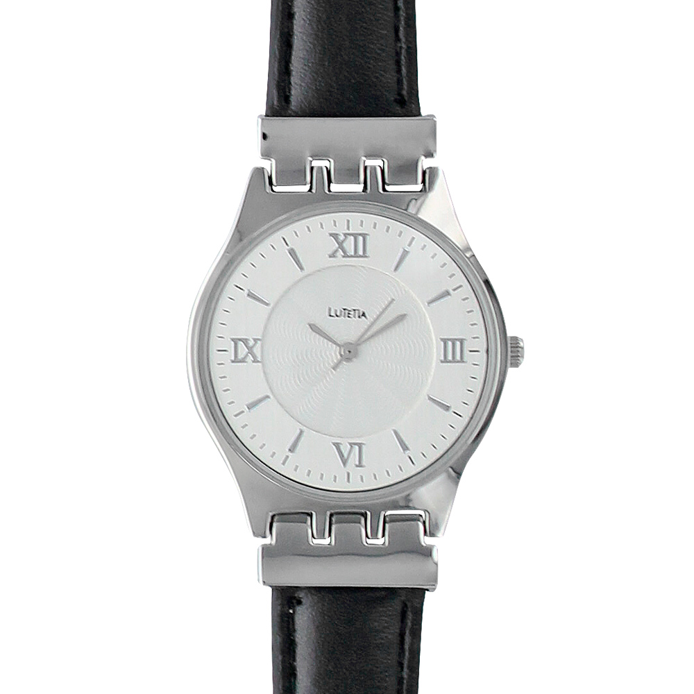 Montre Lutetia boîtier métal, cadran index et chiffres romains et bracelet cuir de veau noir (750123N)