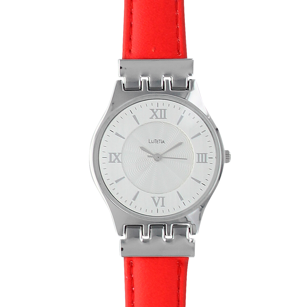 Montre Lutetia boîtier métal, cadran index et chiffres romains et bracelet cuir de veau rouge (750123R)