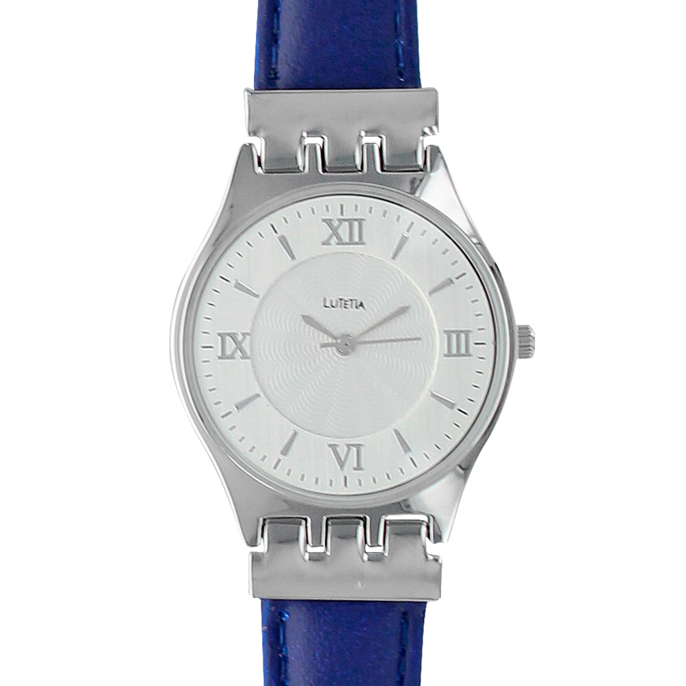 Montre Lutetia boîtier métal, cadran index et chiffres romains et bracelet cuir de veau bleu marine (750123M)