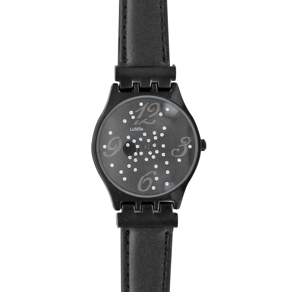 Montre Lutetia noire boîtier métal, pierres synthétiques et bracelet en cuir de veau (750124N)