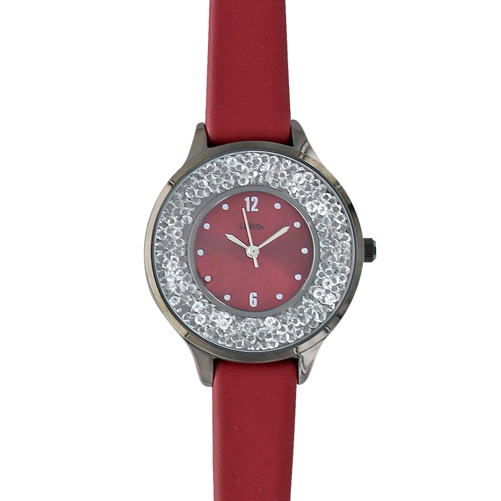 Montre Lutetia bordeaux, boîtier métal gris anthracite, cadran avec pierres et bracelet synthétiques (750128BO)