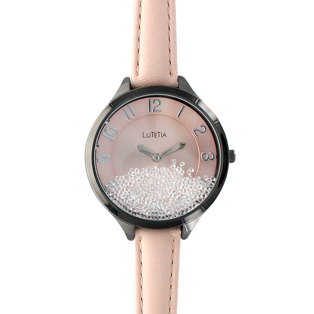 Montre Lutetia boîtier métal noir, pierres synthétiques, cadran et bracelet cuir de veau rose pâle (750102RP)
