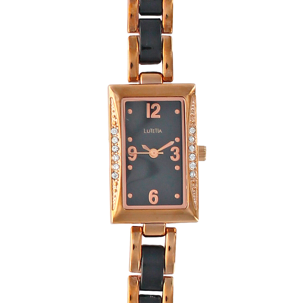 Montre Lutetia métal doré rose et noir boîtier rectangle avec pierres synthétiques (750107RN)