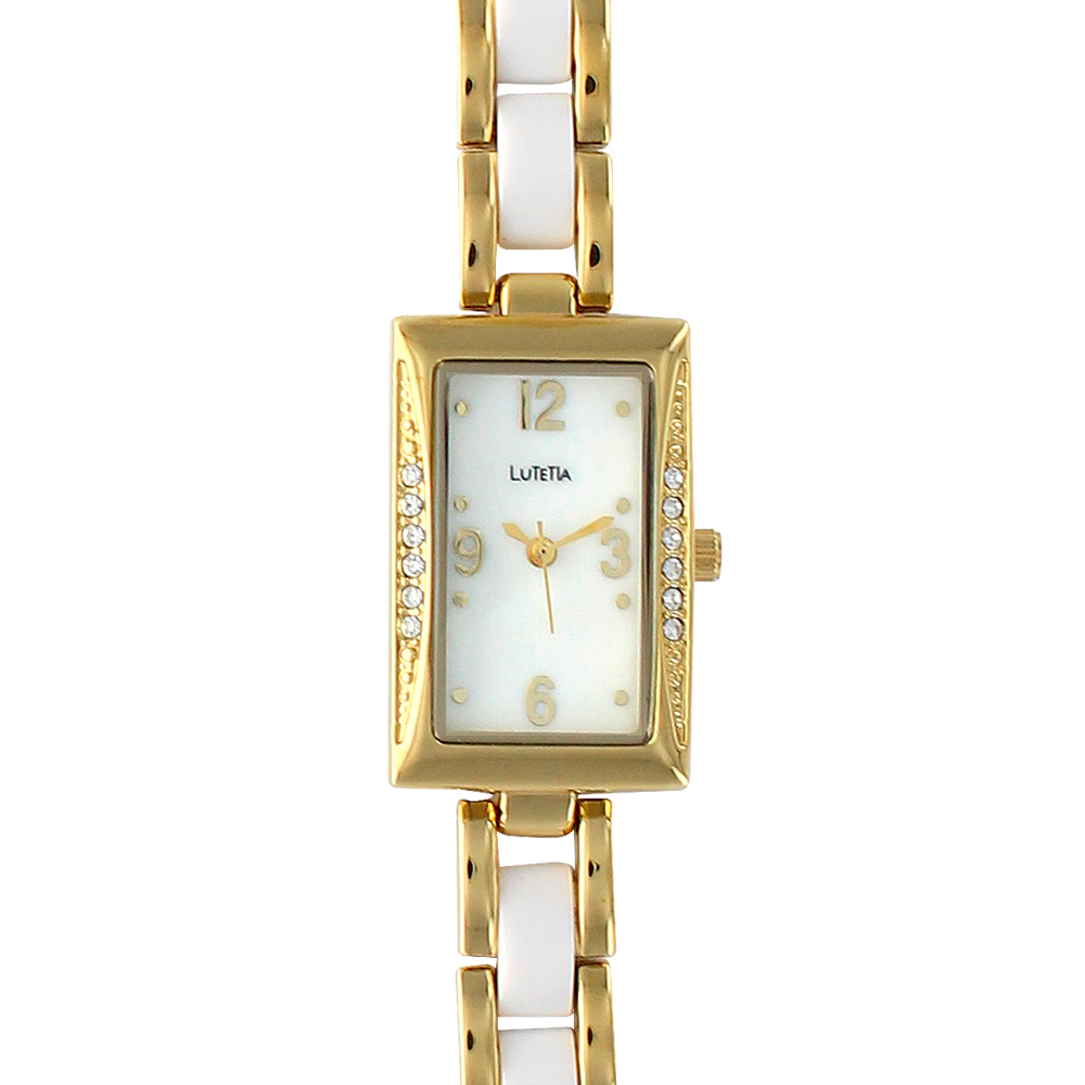 Montre Lutetia métal doré et blanc boîtier rectangle avec pierres synthétiques (750107B)