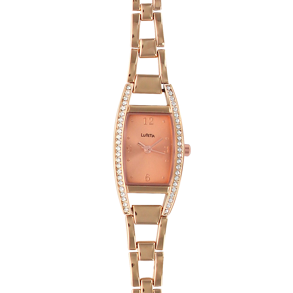 Montre dame Lutetia boîtier ovale serti de pierres synthétique et bracelet en métal doré rose (750129DR)