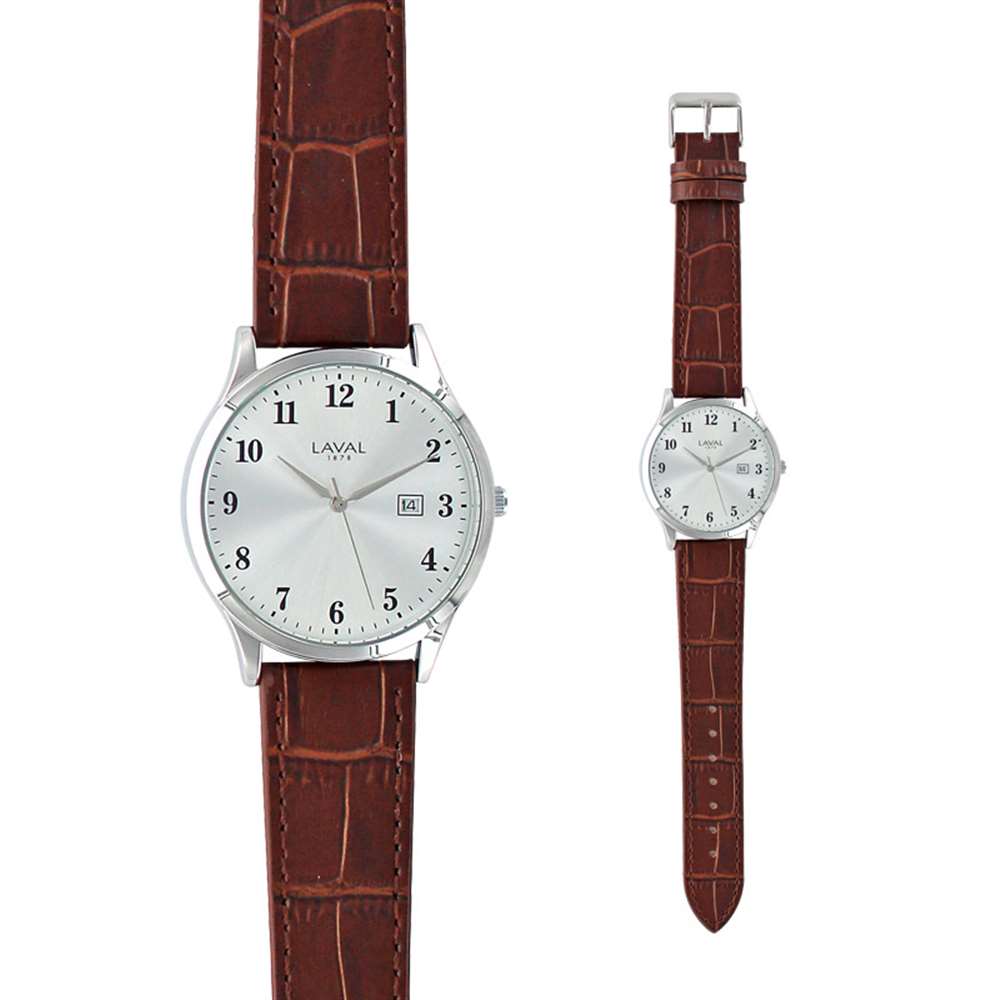 Montre homme boîtier métal rond, dato, bracelet synthétique marron (755136HM)