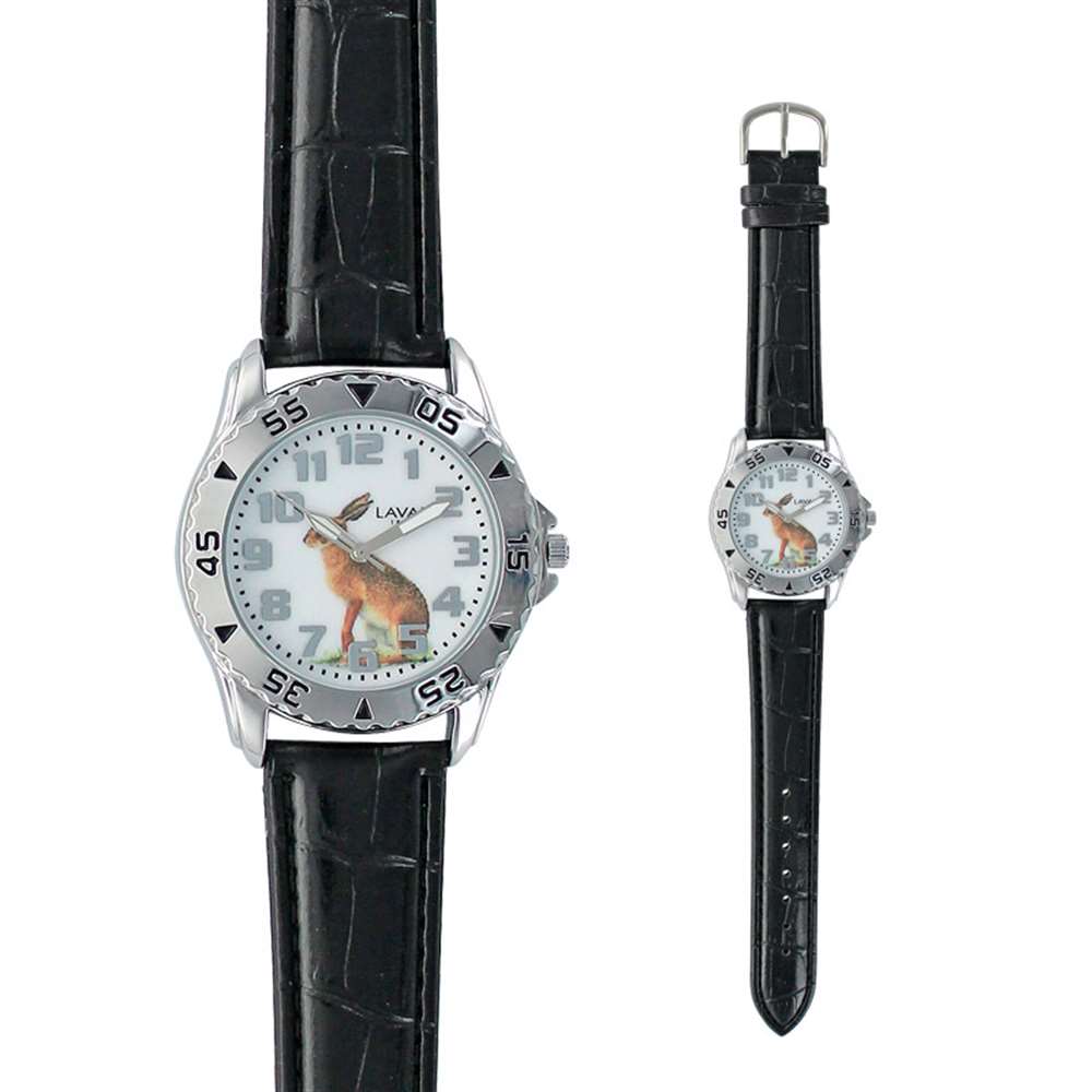Montre motif chasse lapin avec boîtier métal et bracelet synthétique noir (755128L)