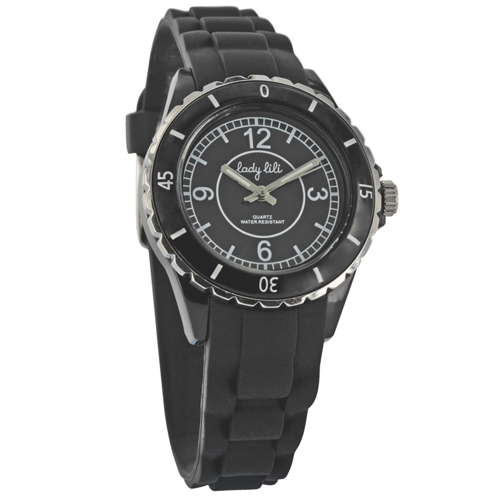 Montre  femme  boîtier plastique noir, bracelet silicone noir