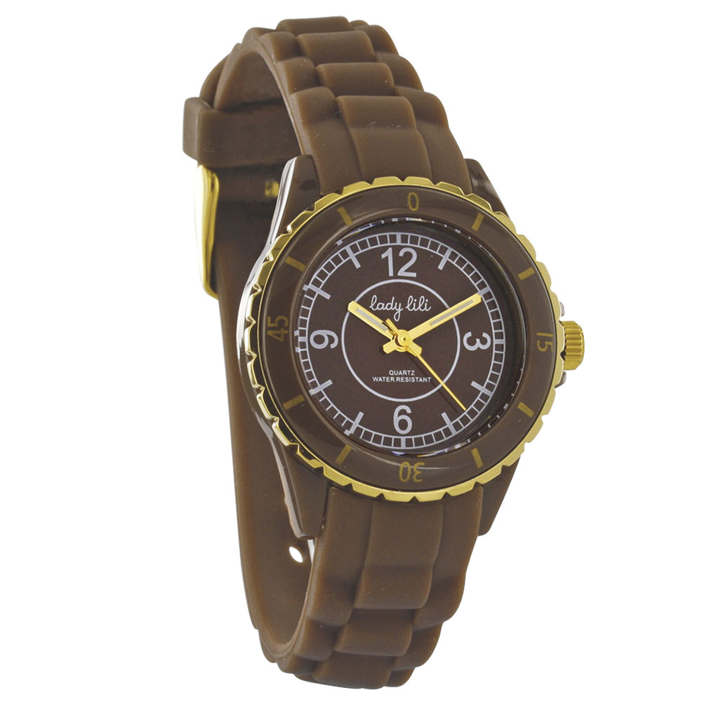 Montre  femme  boîtier plastique marron, bracelet silicone marron