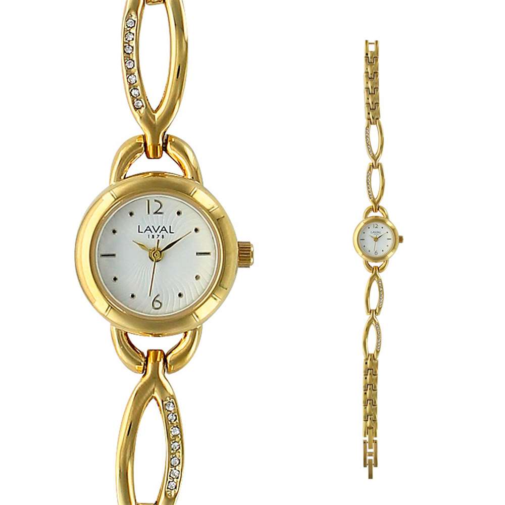 Montre dame métal doré, boîtier fond blanc, bracelet avec pierres synthétiques (755140DB)