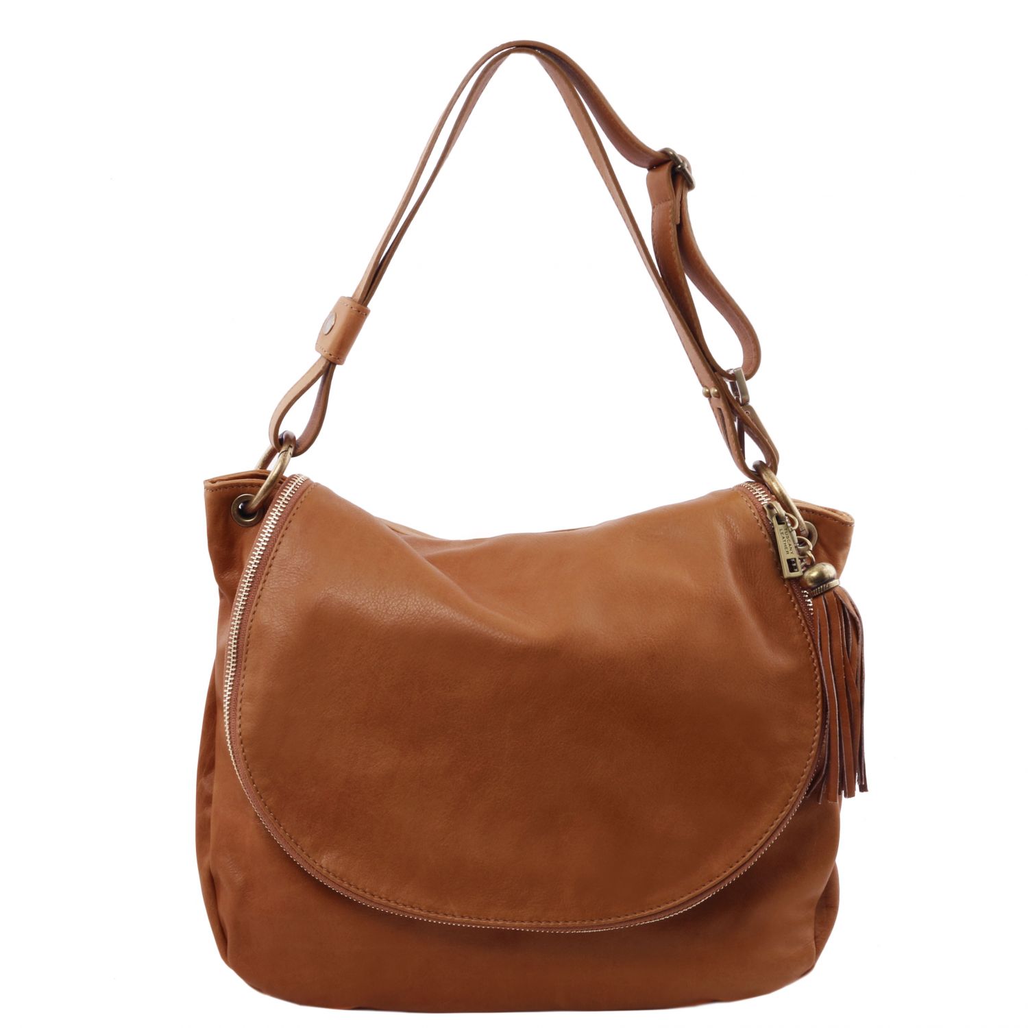 TL Bag - Sac bandoulière besace en cuir souple avec pompon - Cannelle (TL141110)