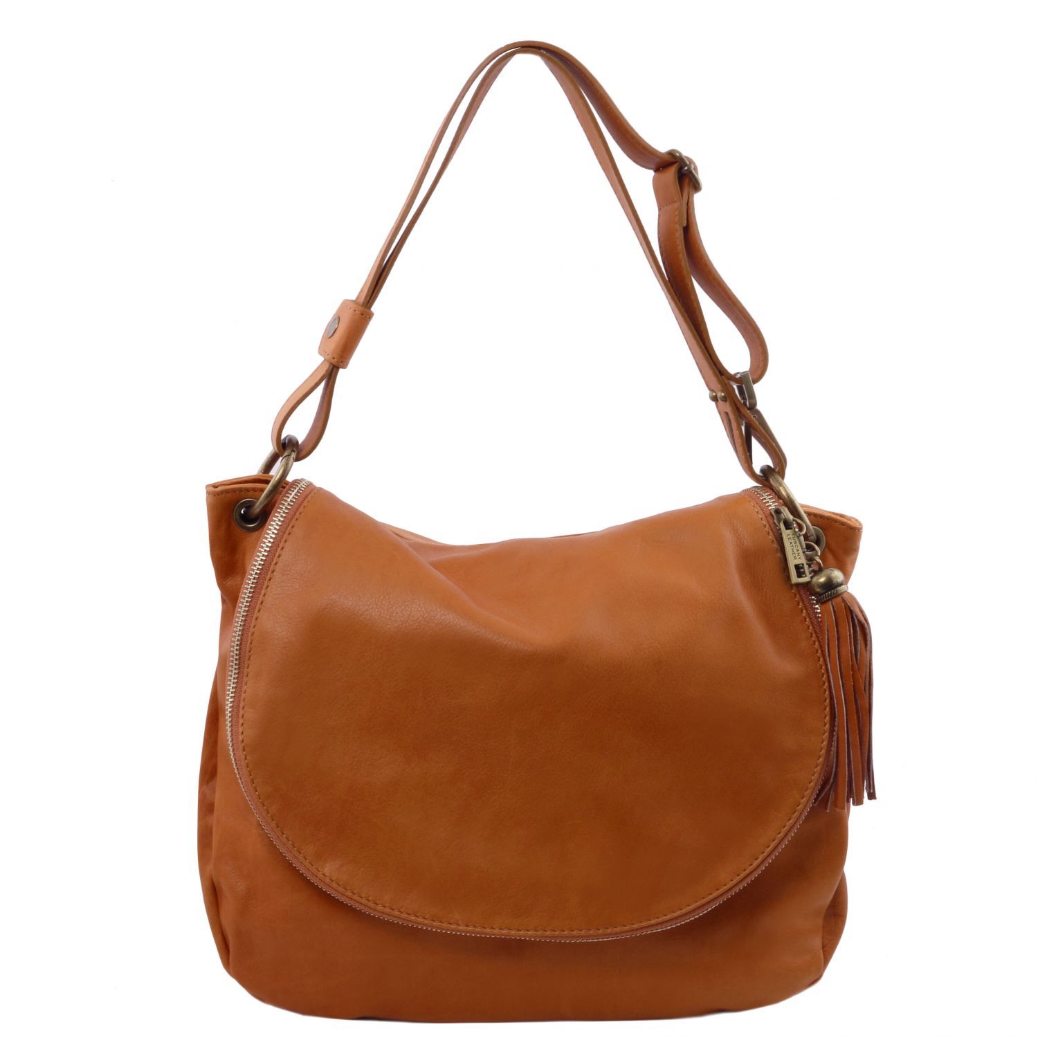 TL Bag - Sac bandoulière besace en cuir souple avec pompon - Cognac (TL141110)