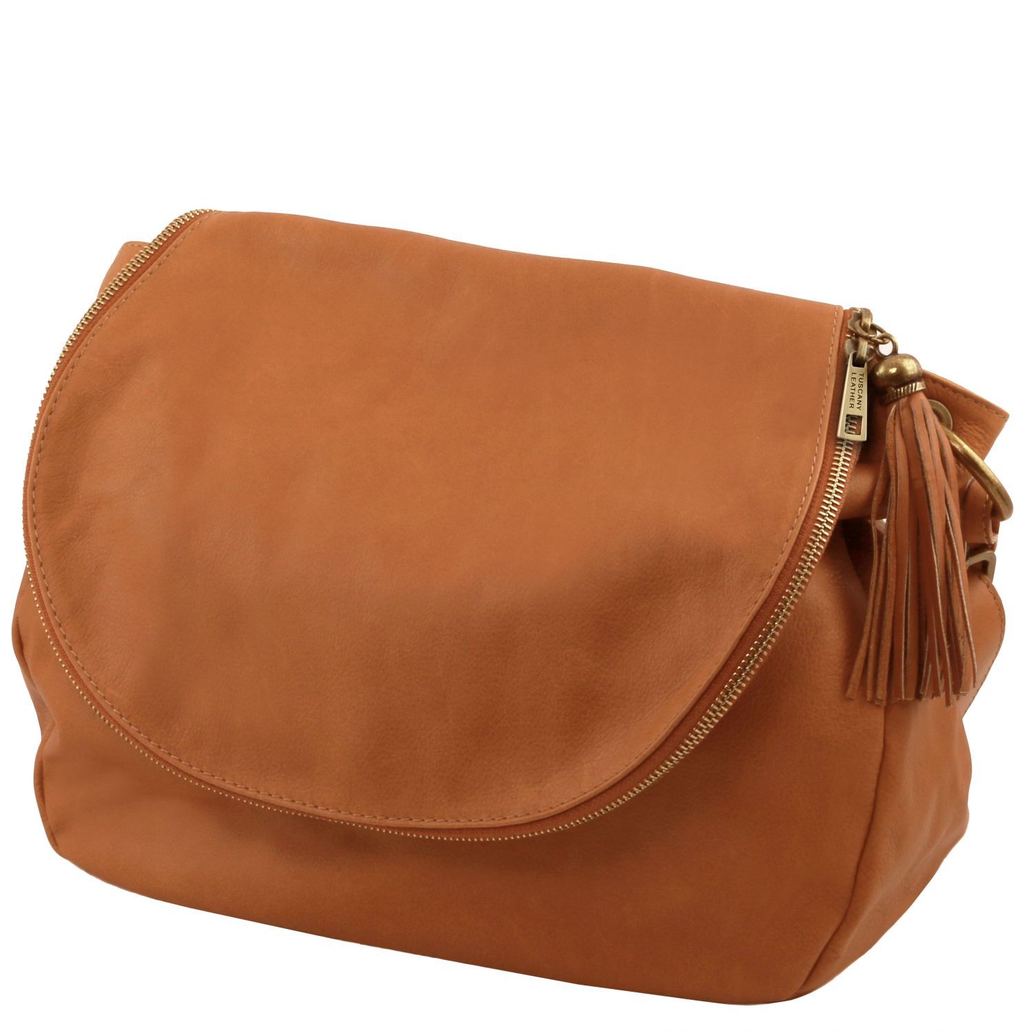 TL Bag - Sac bandoulière besace en cuir souple avec pompon - Cognac (TL141110)