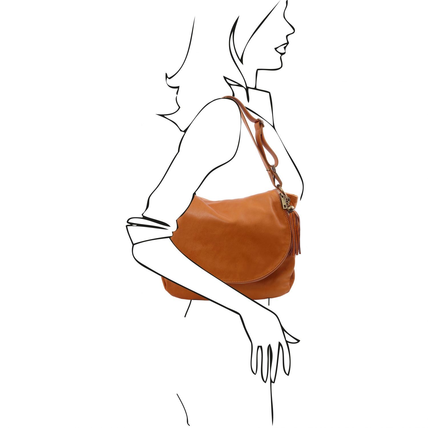 TL Bag - Sac bandoulière besace en cuir souple avec pompon - Cognac (TL141110)