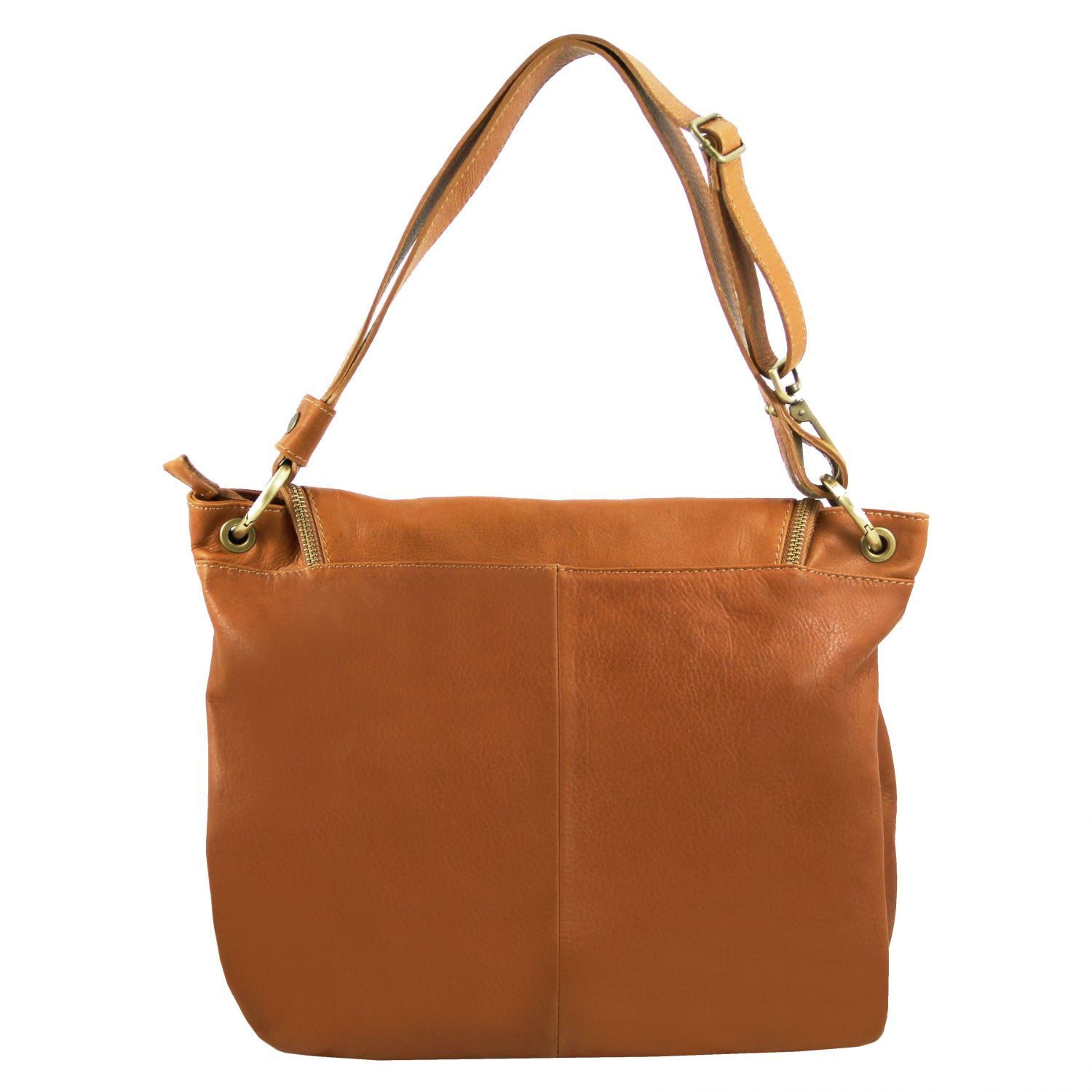 TL Bag - Sac bandoulière besace en cuir souple avec pompon - Cognac (TL141110)