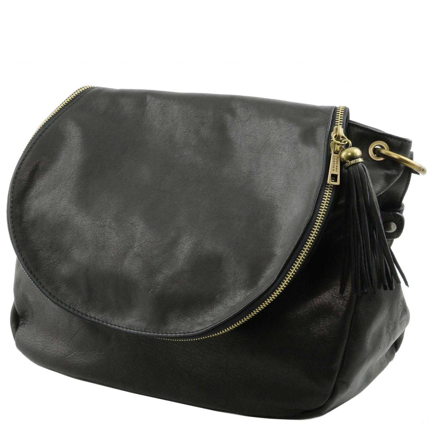 TL Bag - Sac bandoulière besace en cuir souple avec pompon - Noir (TL141110)