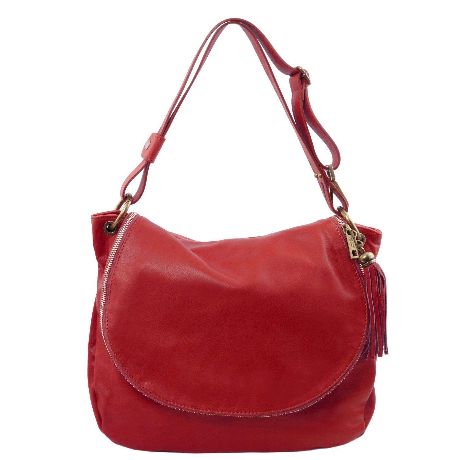 TL Bag - Sac bandoulière besace en cuir souple avec pompon - Rouge (TL141110)