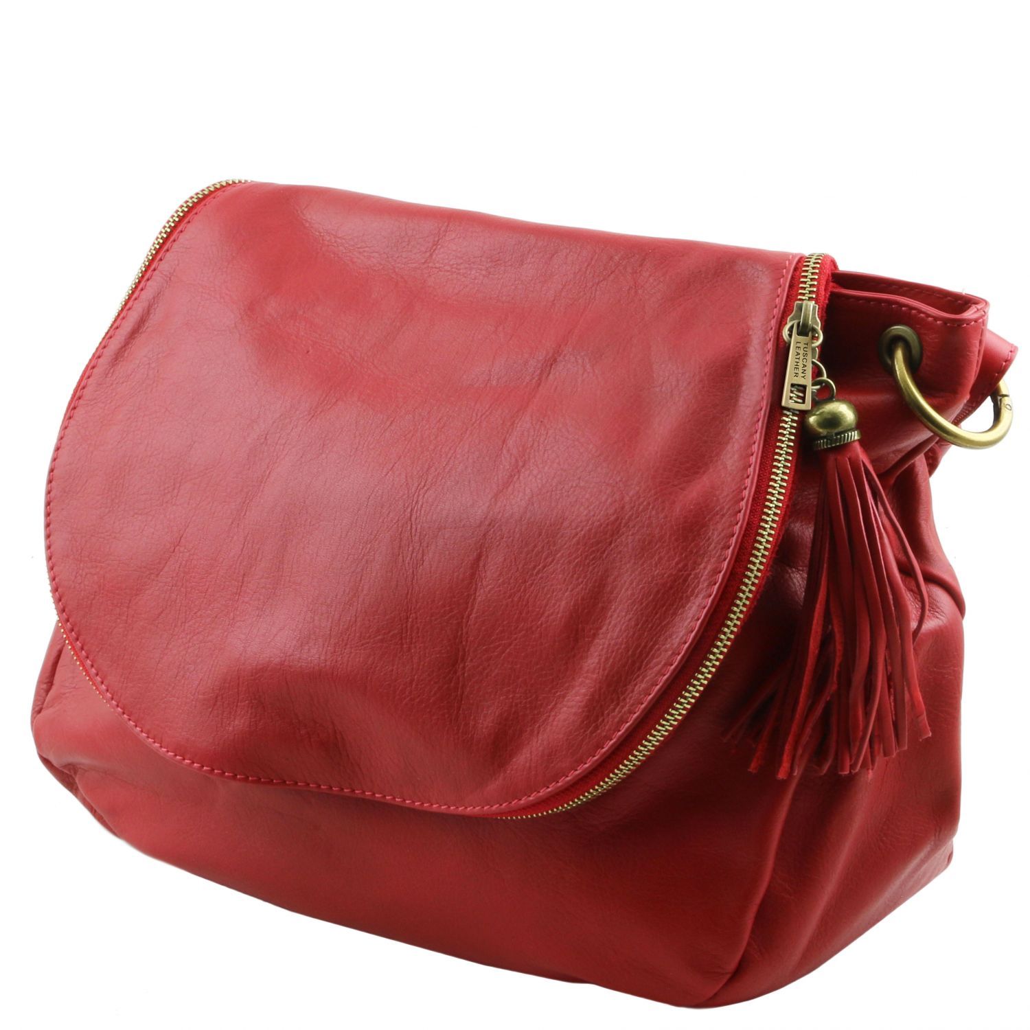 TL Bag - Sac bandoulière besace en cuir souple avec pompon - Rouge (TL141110)