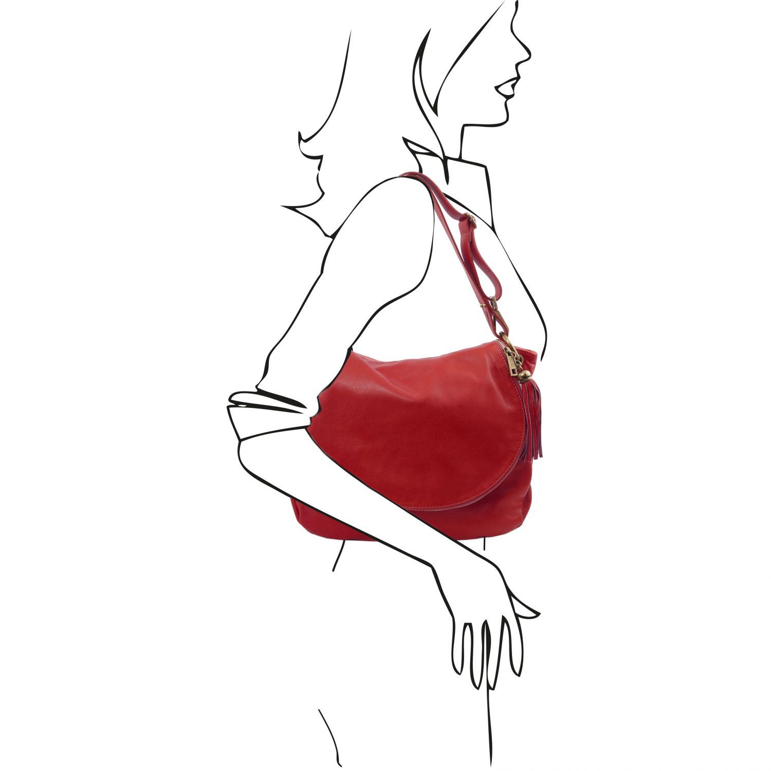 TL Bag - Sac bandoulière besace en cuir souple avec pompon - Rouge (TL141110)