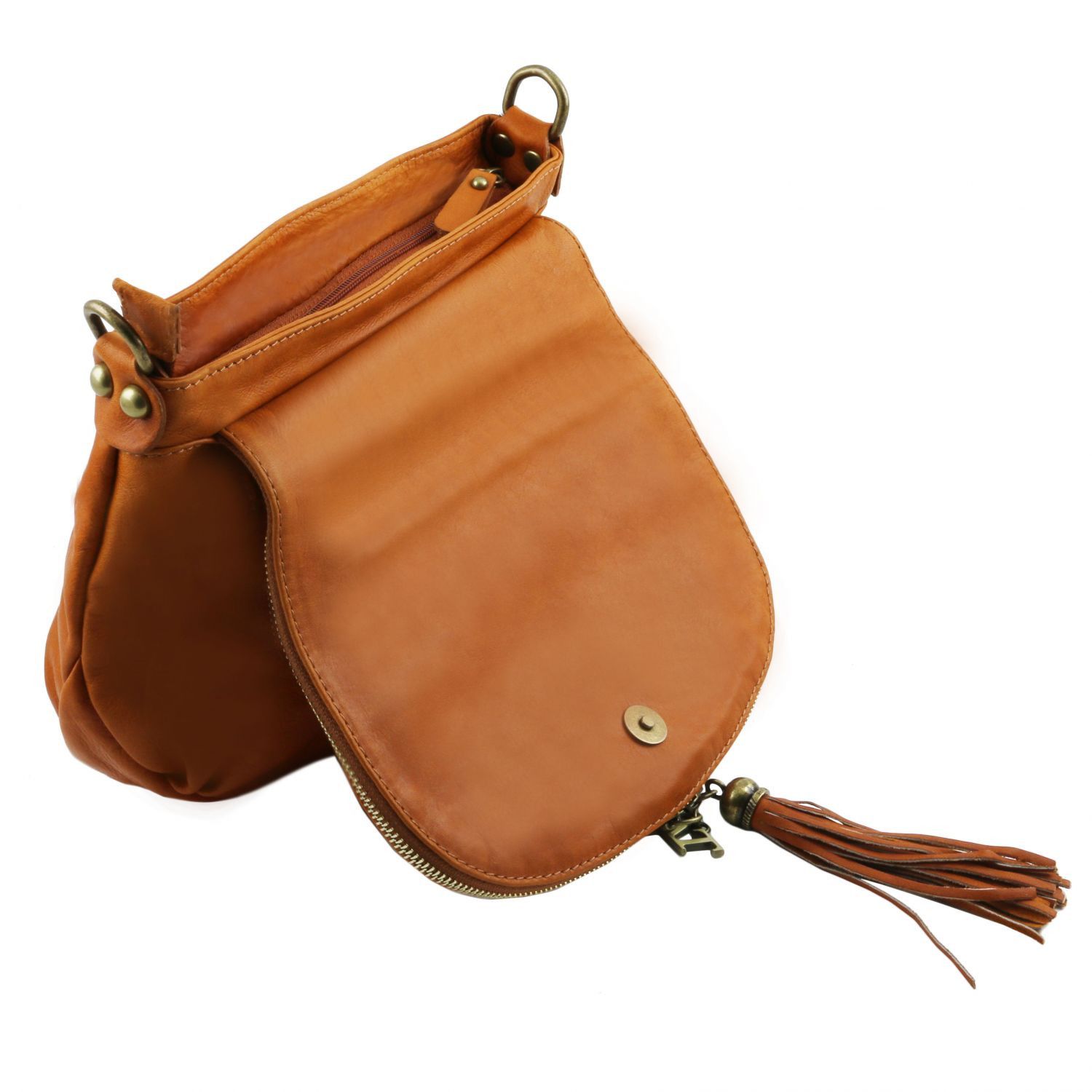 TL Bag - Sac bandoulière besace en cuir souple avec pompon - Cognac (TL141223)