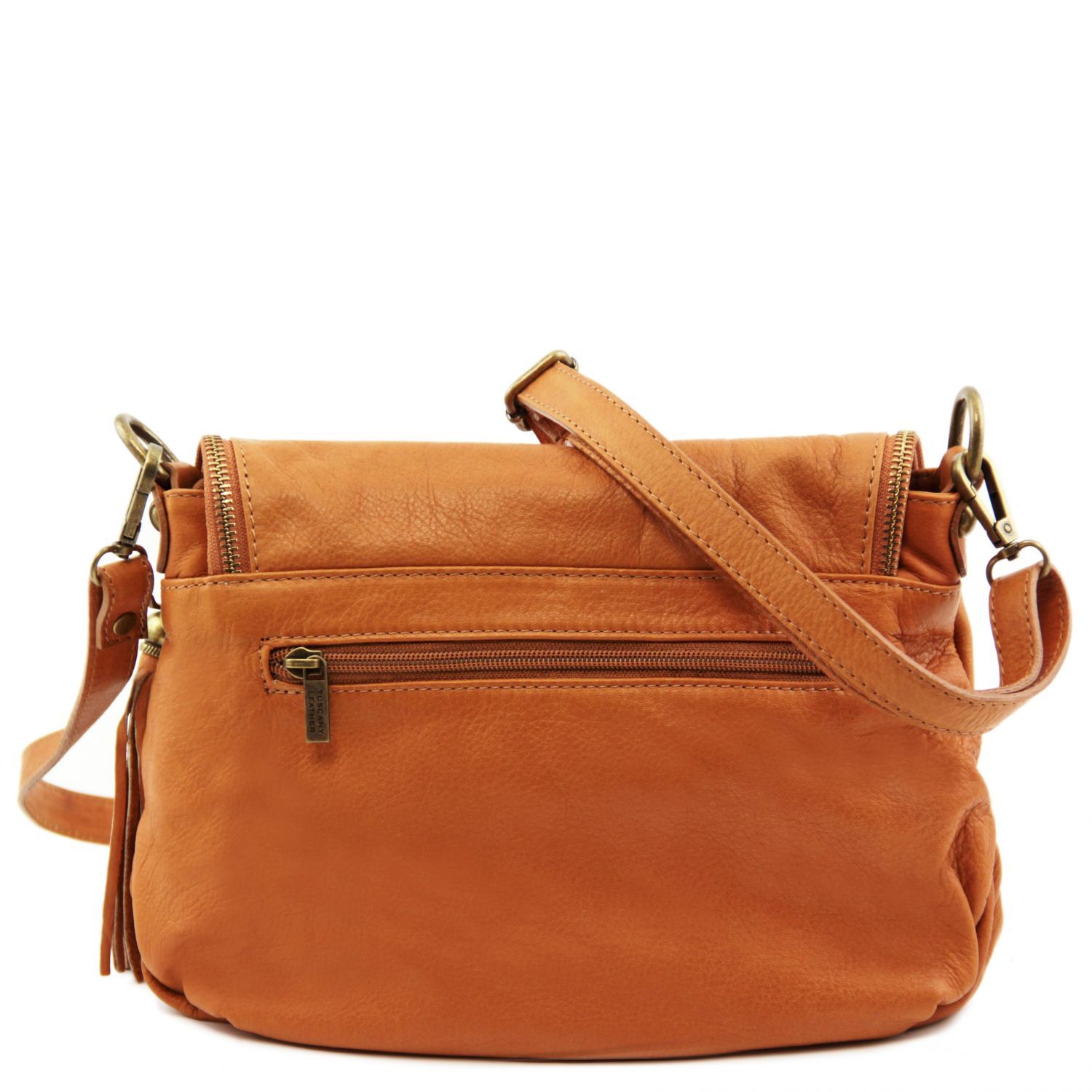 TL Bag - Sac bandoulière besace en cuir souple avec pompon - Cognac (TL141223)