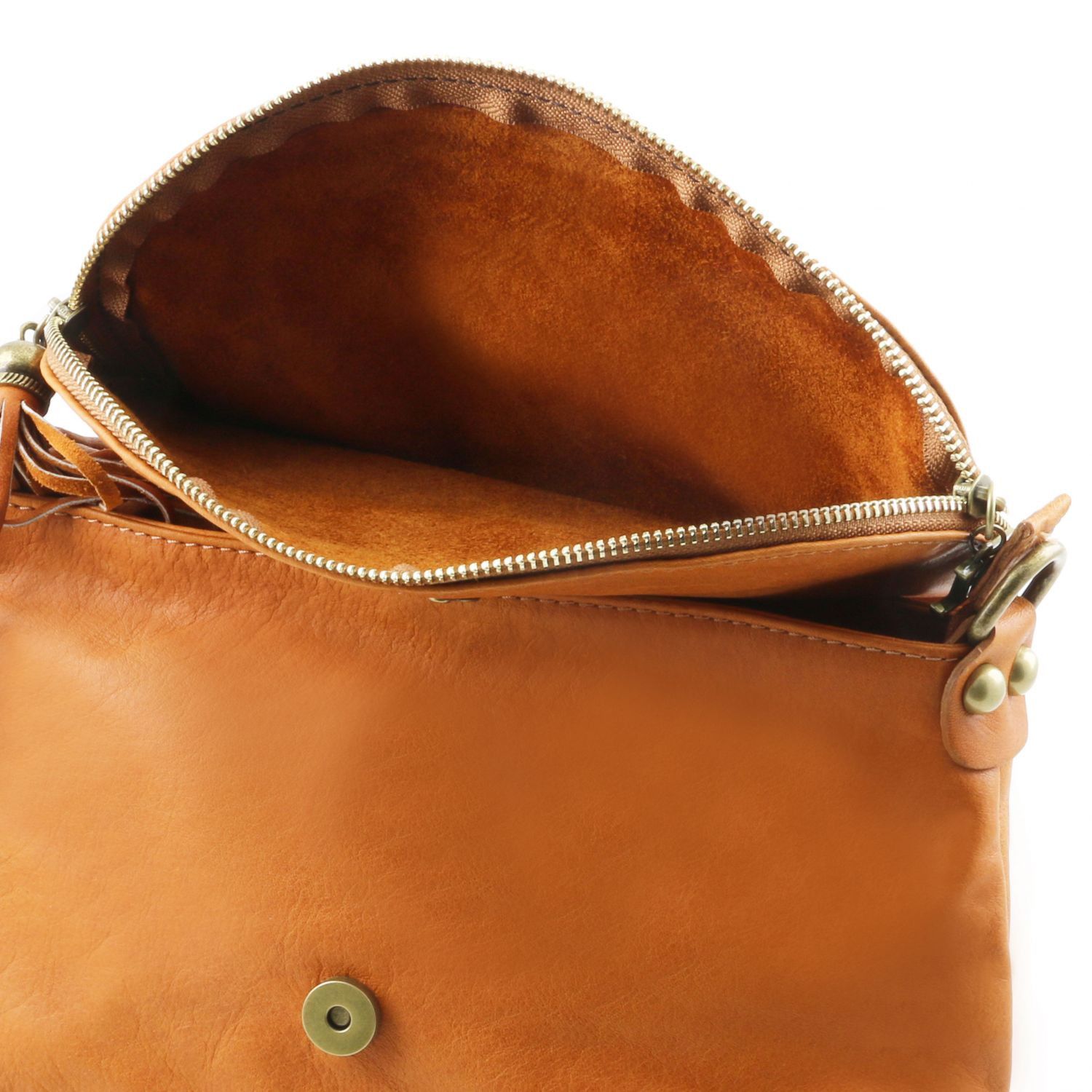 TL Bag - Sac bandoulière besace en cuir souple avec pompon - Cognac (TL141223)